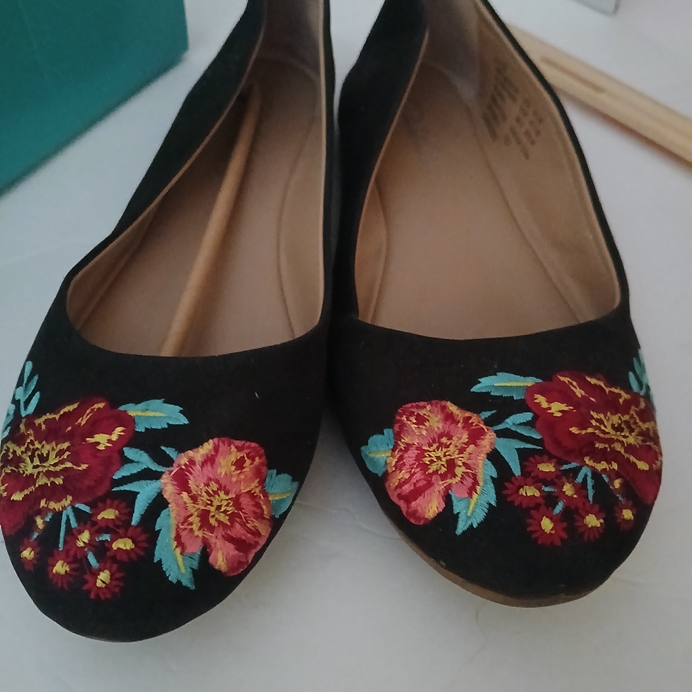 The Pioneer Woman Black Flats with Red and Pink Floral Embroidery